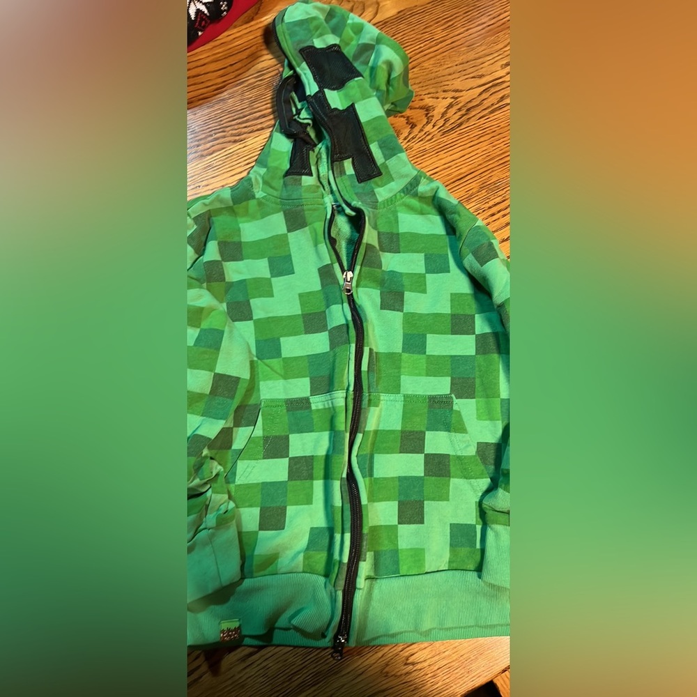 Minecraft zippered hoodie, zips all the way up, size small